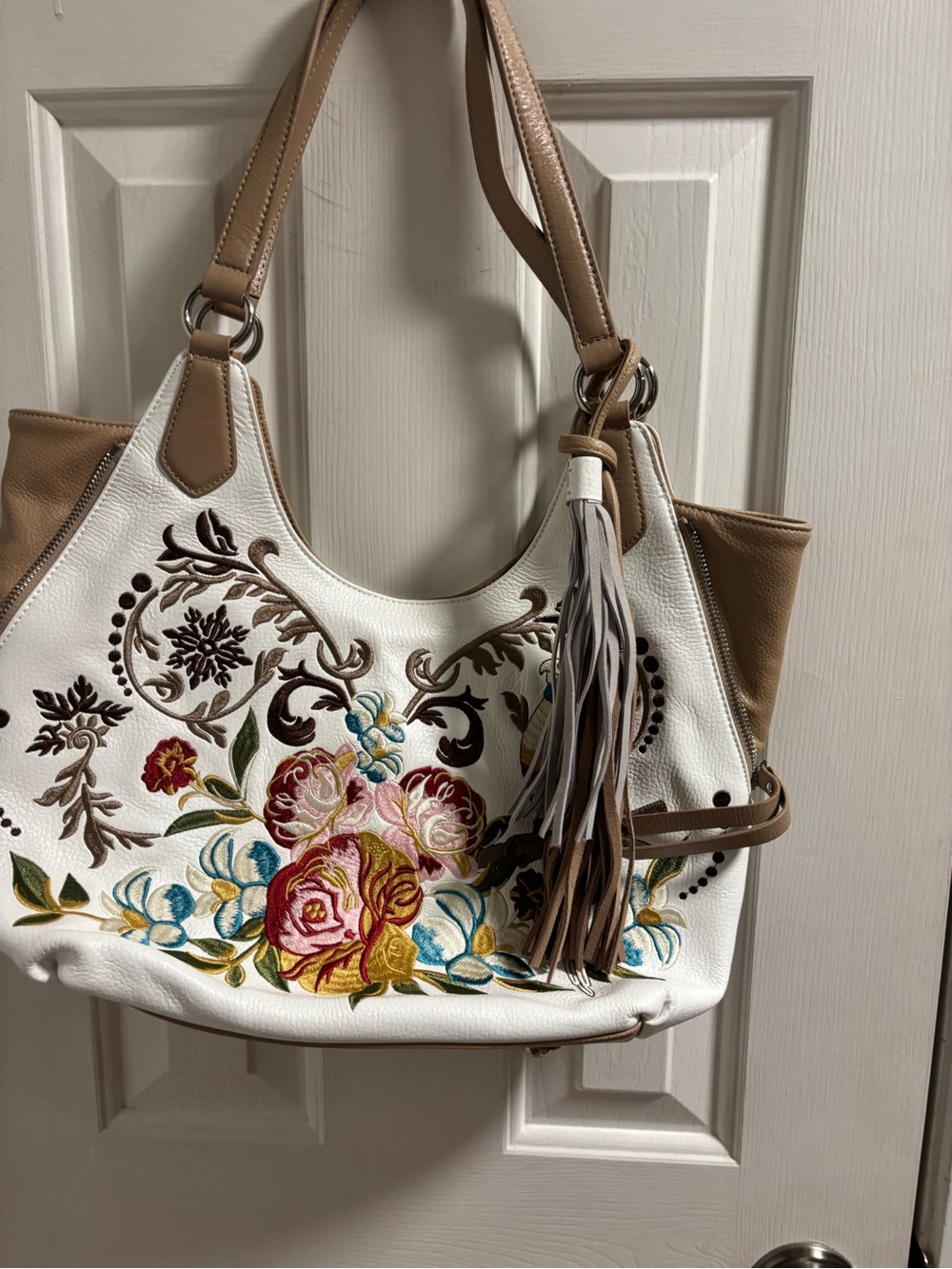Shariff Floral Embroidered Leather Hobo - Rare Tassel Style - EUC